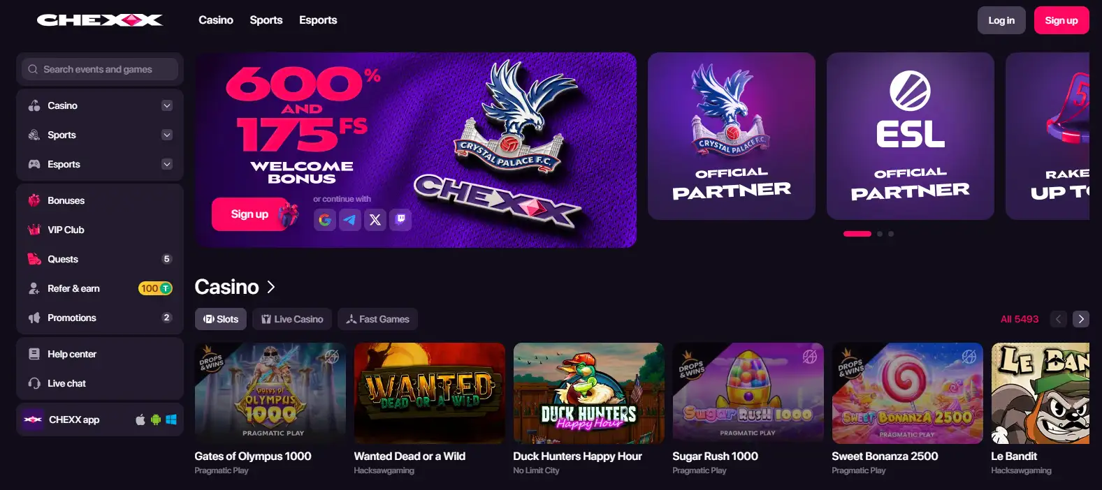 CHEXX interface showing the casino product environment